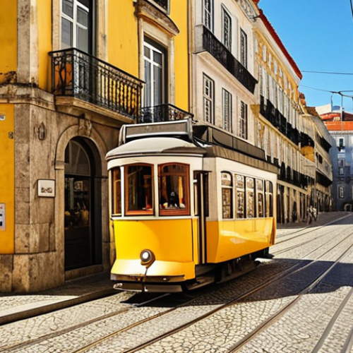 Home 11 ** A vibrant street scene in Lisbon, Portugal. Cobblestone streets, a yellow tram, and historic buildings bathed in warm sunlight. Nómadas digitais are working on laptops at outdoor cafes. The Tagus River is visible in the background.
**