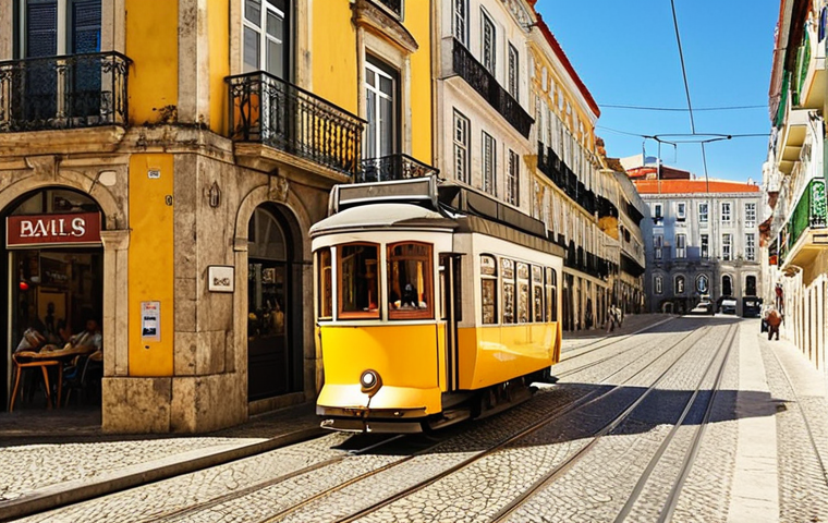 ** A vibrant street scene in Lisbon, Portugal. Cobblestone streets, a yellow tram, and historic buildings bathed in warm sunlight. Nómadas digitais are working on laptops at outdoor cafes. The Tagus River is visible in the background.
**