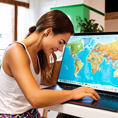 Home 6 **
A digital nomad working on a laptop in a vibrant co-working space filled with other remote workers. Include elements of travel, like a world map or travel souvenirs. Emphasize the balance between work and leisure, perhaps with a healthy smoothie or a relaxed pose.
**
