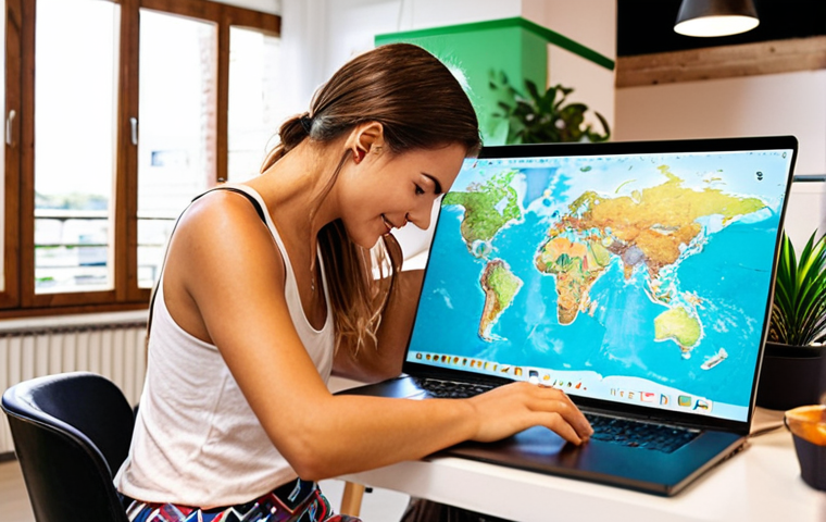 **
A digital nomad working on a laptop in a vibrant co-working space filled with other remote workers. Include elements of travel, like a world map or travel souvenirs. Emphasize the balance between work and leisure, perhaps with a healthy smoothie or a relaxed pose.
**