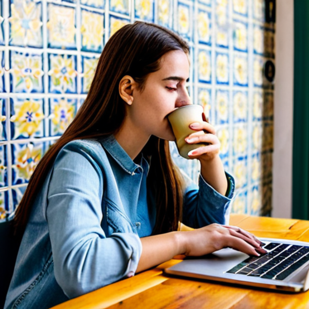 Digital Nomad Working in a Cafe**

"A professional digital nomad, fully clothed in casual, modest attire, working on a laptop at a cozy cafe in Lisbon, Portugal. The cafe has natural light, with pastel walls, and traditional Portuguese tiles. She's sipping coffee. Her face should display focus and slight contentment. Safe for work, appropriate content, perfect anatomy, correct proportions, well-formed hands, proper finger count, natural body proportions, professional, family-friendly, high quality."

**