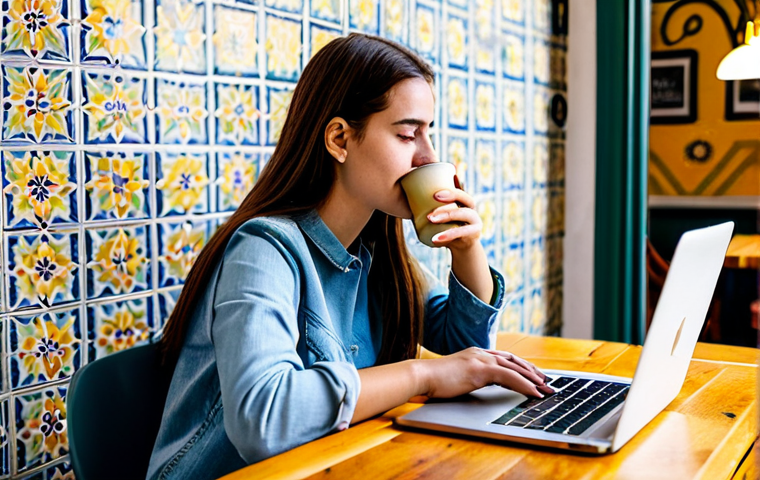 Digital Nomad Working in a Cafe**

"A professional digital nomad, fully clothed in casual, modest attire, working on a laptop at a cozy cafe in Lisbon, Portugal. The cafe has natural light, with pastel walls, and traditional Portuguese tiles. She's sipping coffee. Her face should display focus and slight contentment. Safe for work, appropriate content, perfect anatomy, correct proportions, well-formed hands, proper finger count, natural body proportions, professional, family-friendly, high quality."

**