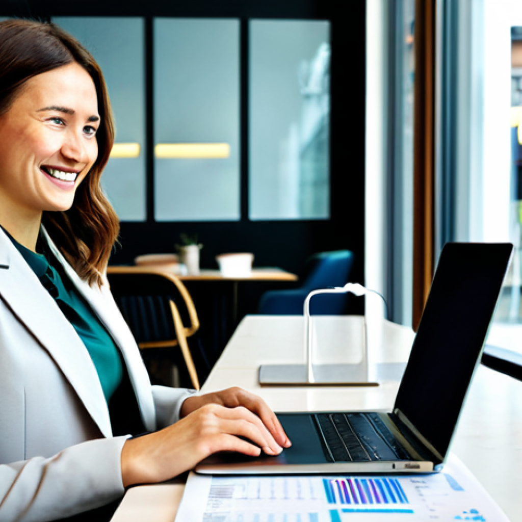 Focused Financial Planning**

A woman in her late 20s, sitting at a cafe table with a laptop and financial documents, fully clothed in a stylish but modest business casual outfit (e.g., blazer, blouse, and trousers). The cafe is brightly lit and modern, with people working and chatting in the background.  She is smiling slightly, appearing confident and organized while reviewing information on her screen.  Focus on the details of charts and tables on her laptop.  Professional, appropriate content, safe for work, perfect anatomy, natural proportions, high quality.

**