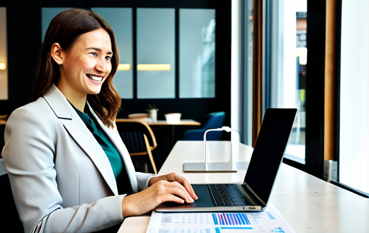 Focused Financial Planning**

A woman in her late 20s, sitting at a cafe table with a laptop and financial documents, fully clothed in a stylish but modest business casual outfit (e.g., blazer, blouse, and trousers). The cafe is brightly lit and modern, with people working and chatting in the background.  She is smiling slightly, appearing confident and organized while reviewing information on her screen.  Focus on the details of charts and tables on her laptop.  Professional, appropriate content, safe for work, perfect anatomy, natural proportions, high quality.

**