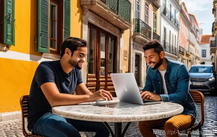 디지털 노마드의 해외 진출 전략 - **"A vibrant street scene in Lisbon, Portugal, where a digital nomad works comfortably at an outdoor...