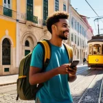 Home 11 디지털 노마드의 도시 생활 경험 공유 - **Prompt:** A young, diverse digital nomad, casually dressed, stands in a bustling Lisbon street. Th...