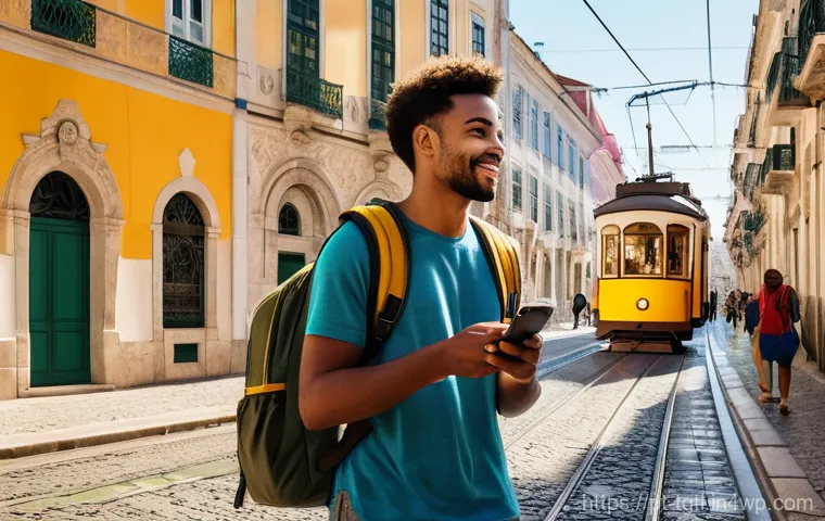 디지털 노마드의 도시 생활 경험 공유 - **Prompt:** A young, diverse digital nomad, casually dressed, stands in a bustling Lisbon street. Th...