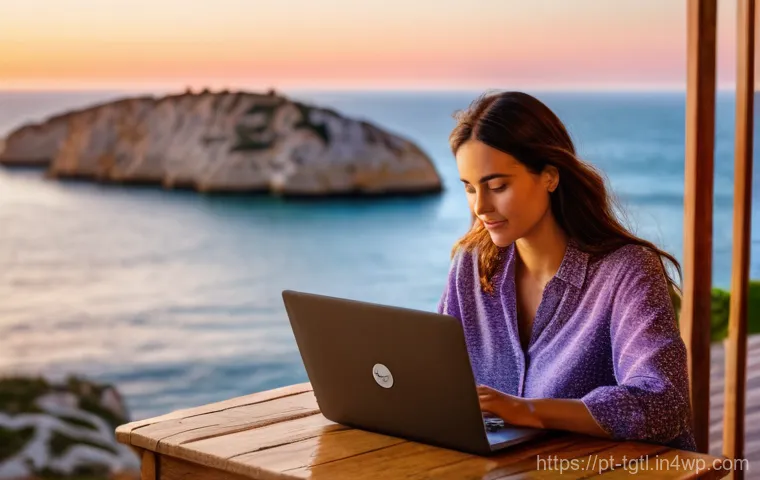 디지털 노마드의 자아 정체성 탐구 - **Prompt:** A female digital nomad in her late 20s to early 30s, with a serene and focused expressio...