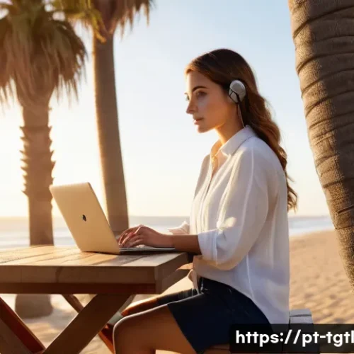 Home 18 디지털 노마드의 업무 환경 구축 방법 - **Prompt 1: Serene Coastal Productivity**
"A young woman (25-35 years old), dressed in stylish, ...