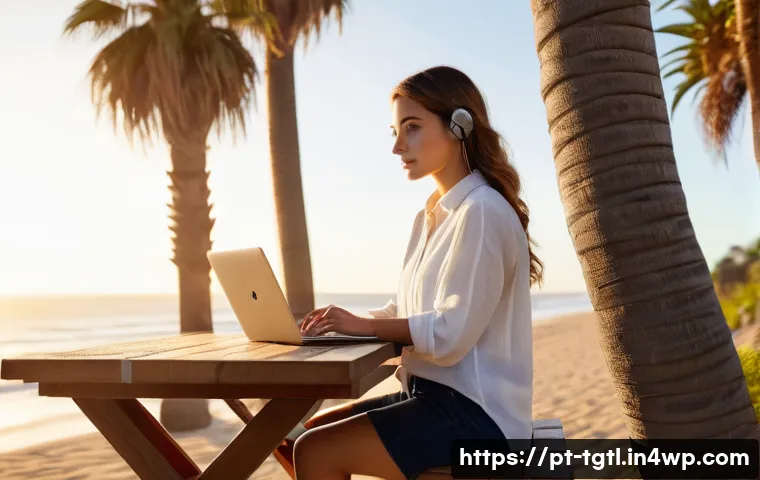 디지털 노마드의 업무 환경 구축 방법 - **Prompt 1: Serene Coastal Productivity**
    "A young woman (25-35 years old), dressed in stylish, ...