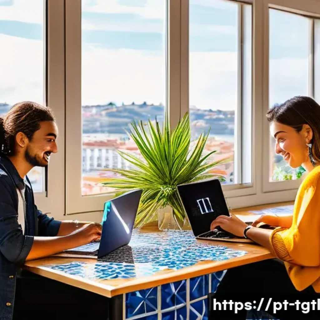 디지털 노마드의 연령대별 특성 분석 - A vibrant coworking space in Lisbon filled with young digital nomads, casually dressed and working o...