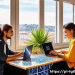 Home 17 디지털 노마드의 연령대별 특성 분석 - A vibrant coworking space in Lisbon filled with young digital nomads, casually dressed and working o...
