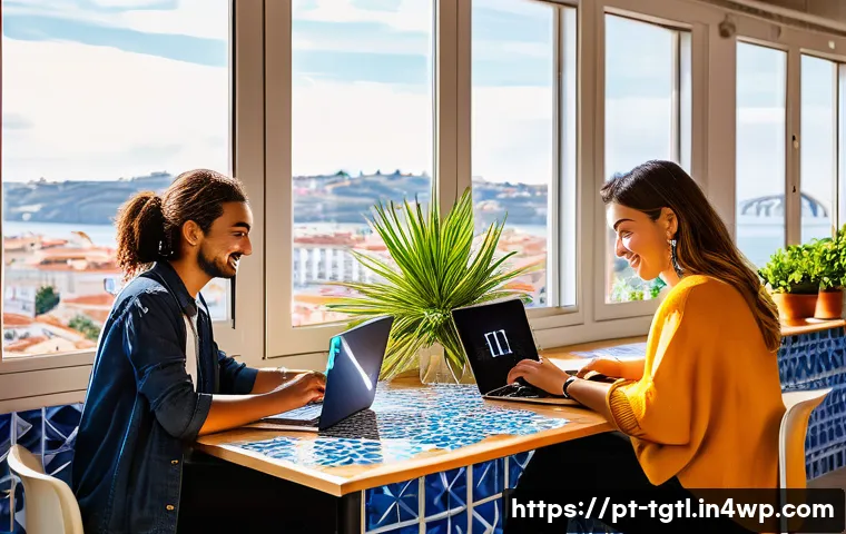 디지털 노마드의 연령대별 특성 분석 - A vibrant coworking space in Lisbon filled with young digital nomads, casually dressed and working o...
