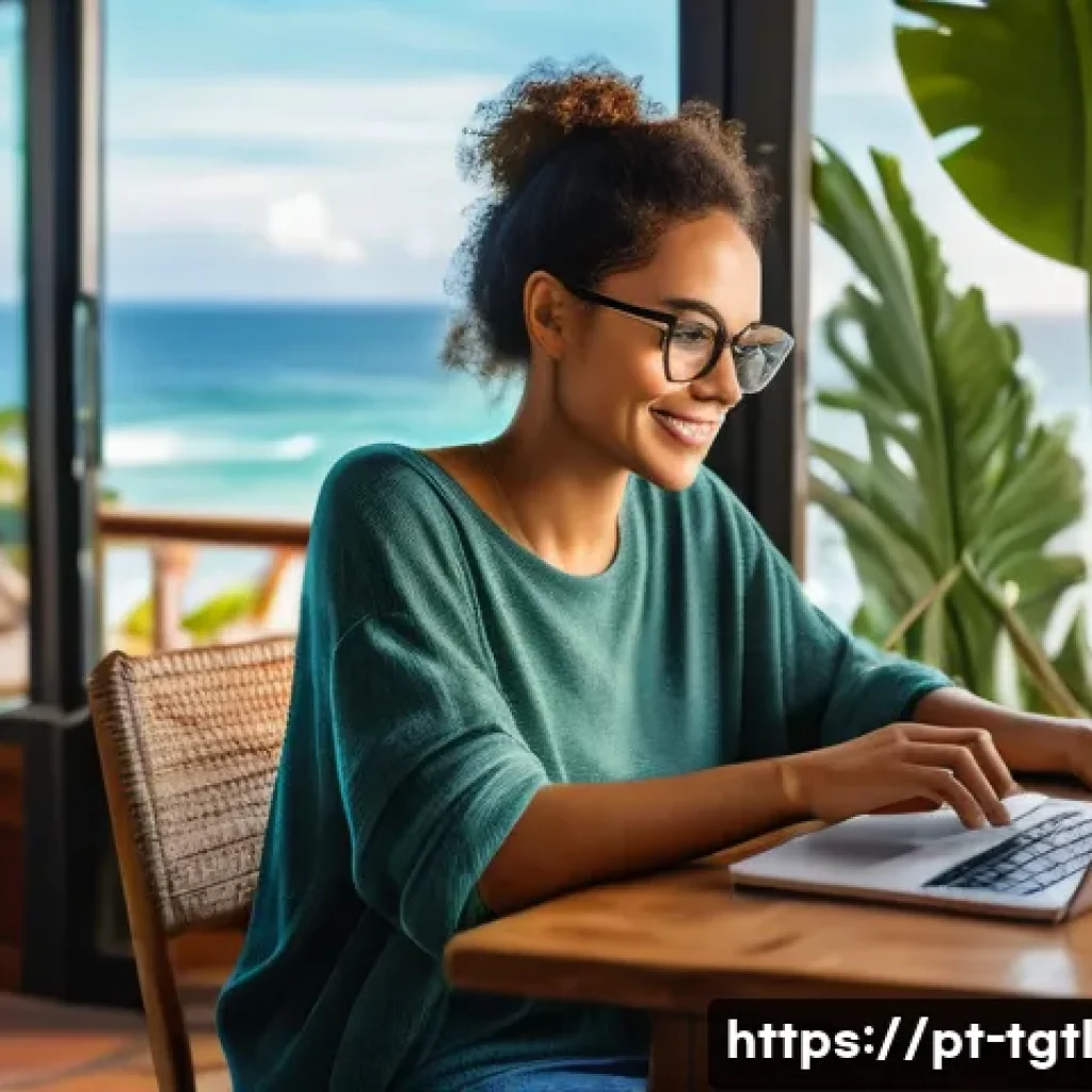 디지털 노마드의 직업 다양성 연구 - A young digital nomad woman working remotely on her laptop in a cozy beachside café in Brazil, weari...
