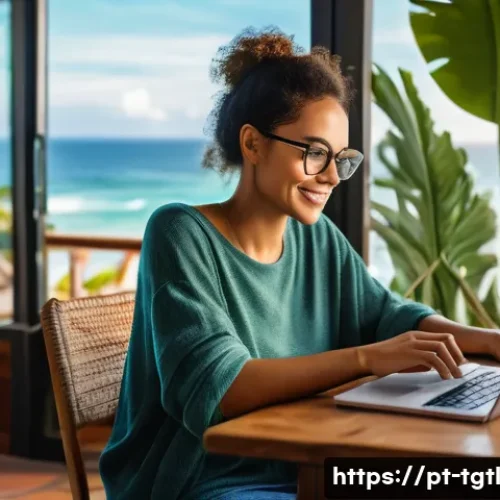 Home 26 디지털 노마드의 직업 다양성 연구 - A young digital nomad woman working remotely on her laptop in a cozy beachside café in Brazil, weari...