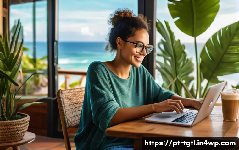 디지털 노마드의 직업 다양성 연구 - A young digital nomad woman working remotely on her laptop in a cozy beachside café in Brazil, weari...