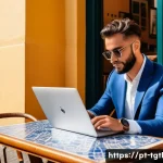 Home 20 디지털 노마드를 위한 여권 및 비자 정보 - A professional digital nomad working on a sleek laptop at a cozy Lisbon café terrace, surrounded by ...