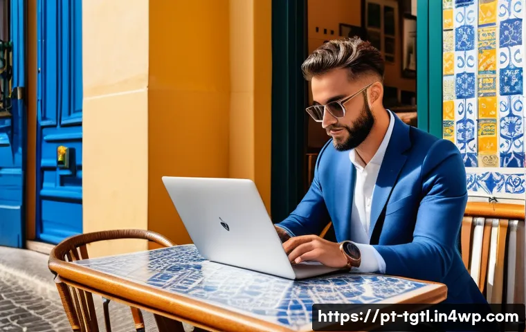 디지털 노마드를 위한 여권 및 비자 정보 - A professional digital nomad working on a sleek laptop at a cozy Lisbon café terrace, surrounded by ...