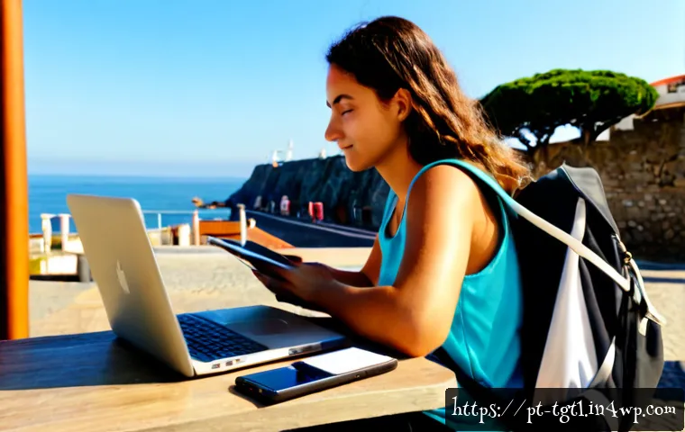 Home 17 디지털 노마드 기반지 평가 체크리스트 - Photorealistic digital nomad evaluating a potential work base in a sunny Portuguese coastal city, se...