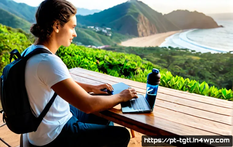 디지털 노마드의 탐험과 모험의 의미 - Photorealistic digital nomad working beside a calm ocean overlook in Florianópolis, Brazil, seated a...